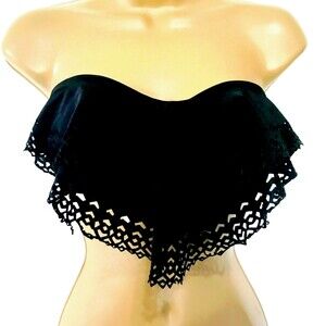 H2OH! Bikini Top S Black Lace Bandeau Strapless Ruffle Cutouts Tie Back Swim